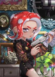 Rule 34 | 1girl, black shirt, black shorts, book, cleaning, commentary, desk, disruptor (splatoon), earrings, fingernails, flask, freckles, glint, grey eyes, hachimaki, headband, holding, holding cloth, holding weapon, indoors, iria (yumeirokingyo), jewelry, judd (splatoon), light particles, lips, long fingernails, long sleeves, makeup, medium hair, n-zap (splatoon), nail polish, nintendo, octoling, octoling girl, octoling player character, octoshot (splatoon), picture frame, plant, portrait (object), red hair, red nails, round-bottom flask, shirt, short shorts, shorts, solo, sparkle, suction cups, tentacle hair, weapon