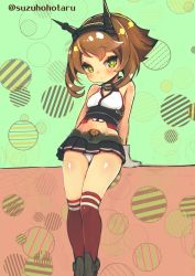 Rule 34 | 10s, 1girl, age difference, age regression, aged down, black skirt, blush, brown hair, commentary request, gloves, green eyes, hair ornament, kantai collection, kneehighs, looking at viewer, midriff, miniskirt, mutsu (kancolle), navel, panties, pleated skirt, red socks, short hair, simple background, skirt, socks, solo, striped, striped background, suzuho hotaru, twitter username, underwear, upskirt, white gloves, white panties