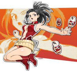 Rule 34 | 1girl, 203wolves, black eyes, black hair, boku no hero academia, boots, breasts, cleavage, full body, leotard, long hair, medium breasts, midriff, navel, open mouth, outstretched arm, ponytail, red footwear, red leotard, revealing clothes, shiny footwear, signature, solo, stomach, yaoyorozu momo