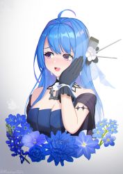 Rule 34 | 1girl, ahoge, azur lane, bare shoulders, blue dress, blue hair, blush, breasts, cleavage, detached collar, dress, earrings, evening gown, flower, gradient background, hand on own cheek, hand on own face, helena (azur lane), helena (may i have this dance?) (azur lane), highres, jewelry, long hair, medium breasts, mouhantain, multicolored hair, official alternate costume, open mouth, purple eyes, purple flower, purple hair, resolution mismatch, simple background, solo, source larger, strapless, strapless dress, two-tone hair, upper body, white flower