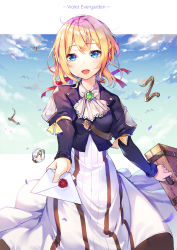 Rule 34 | 10s, 1girl, :d, black jacket, blonde hair, blue eyes, blue sky, blush, character name, cloud, commentary request, copyright name, day, envelope, hair between eyes, hair ribbon, head tilt, highres, holding, jacket, juliet sleeves, long sleeves, looking at viewer, open mouth, outstretched arm, outstretched arms, puffy sleeves, red ribbon, ribbon, shoonear, sky, smile, solo, suitcase, tears, violet evergarden, violet evergarden (series), white-framed eyewear