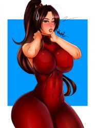 Rule 34 | 1girl, blush, bodysuit, breasts, brown eyes, brown hair, covered navel, curvy, highres, jassycoco, large breasts, long hair, looking at viewer, parted lips, ponytail, solo, soul calibur, taki (soulcalibur), wide hips