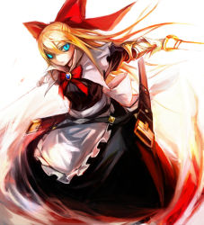 Rule 34 | 1girl, apron, belt, black dress, blonde hair, blue eyes, bow, brooch, capelet, dress, dual wielding, glowing, glowing eyes, goliath doll, hair bow, holding, jewelry, katana, long hair, long sleeves, looking at viewer, outstretched arms, scabbard, sheath, solo, spark621, sword, touhou, waist apron, weapon