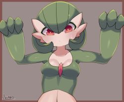 Rule 34 | 1girl, absurdres, arms up, artist name, bad id, bad pixiv id, blush, bob cut, border, breasts, brown background, brown border, closed mouth, collarbone, colored skin, creatures (company), female focus, game freak, gardevoir, gen 3 pokemon, green hair, green skin, hair between eyes, highres, looking down, multicolored skin, nintendo, outside border, pokemon, pokemon (creature), red eyes, ryuusui arumo, shiny skin, short hair, signature, simple background, small breasts, solo, sweat, two-tone skin, upper body, white skin