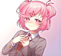 Rule 34 | 1girl, blush, commentary, doki doki literature club, gradient background, grey jacket, hair ornament, hairclip, hands on own chest, happy tears, highres, jacket, long sleeves, looking at viewer, nan (gokurou), natsuki (doki doki literature club), neck ribbon, pink background, pink eyes, pink hair, protected link, red ribbon, ribbon, school uniform, shirt, short hair, simple background, smile, solo, swept bangs, tears, two side up, upper body, watermark, white hair, white shirt, wing collar