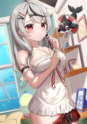 Rule 34 | 1girl, arm strap, bandaid, bandaid on head, bandaid on tail, black hair, blush, book, breasts, camisole, closed mouth, clothes pull, crossed bandaids, ear piercing, earrings, fingernails, frilled camisole, frills, grey hair, hair ornament, hairclip, heart collar, highres, hololive, innertube, inu (sakamata chloe), jewelry, kag tsukimi, lamp, large breasts, long hair, looking at viewer, multicolored hair, nail polish, orca, picture frame, piercing, plaid, plaid skirt, red eyes, red nails, red skirt, ring, sakamata chloe, sakamata chloe (1st costume), shelf, skirt, skirt pull, strap slip, streaked hair, swim ring, virtual youtuber, white camisole, window, wooden wall, x hair ornament