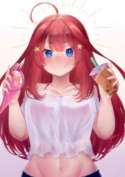 Rule 34 | 1girl, absurdres, ahoge, bare shoulders, blue eyes, blush, breasts, bubble tea, closed mouth, collarbone, cream, cream on face, crop top, cup, eating, food, food in mouth, food on face, go-toubun no hanayome, gradient background, hair ornament, hands up, highres, holding, holding cup, holding food, ice cream crepe, joshjostar0729, large breasts, long hair, looking at viewer, midriff, nakano itsuki, navel, pout, red hair, shirt, short sleeves, simple background, solo, sparkle, star (symbol), star hair ornament, white background, white shirt