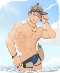 Rule 34 | 1boy, abs, animal ears, bara, blush, bracelet, brown hair, bulge, cloud, cloudy sky, cowboy shot, dog boy, dog ears, dog tail, gondom, highres, jewelry, looking at viewer, male focus, male pubic hair, muscular, navel, nipples, original, pectorals, pubic hair, revealing clothes, simple background, sky, smile, solo, summer, swimsuit, tail, thick eyebrows, tongue, tongue out, undressing, yellow eyes