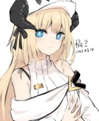 Rule 34 | 1girl, arknights, bad id, bad pixiv id, bare shoulders, beret, black ribbon, blonde hair, blue eyes, commentary, dated, dress, female focus, hair ribbon, hat, horns, long hair, looking at viewer, nightingale (arknights), off-shoulder dress, off shoulder, own hands together, ribbon, simple background, sleeveless, sleeveless turtleneck, solo, steepled fingers, turtleneck, upper body, white background, white dress, white hat, yuedengyuhao