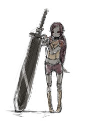 Rule 34 | 1girl, bad id, bad pixiv id, boots, colored skin, facial tattoo, flat chest, grey skin, huge weapon, long hair, nucomas, original, purple hair, red eyes, shorts, sketch, solo, sword, tail, tattoo, weapon
