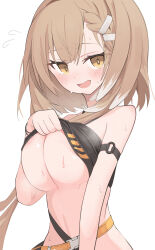 Rule 34 | 1girl, absurdres, areola slip, arknights, black shirt, blush, breast drop, breasts, brown hair, buckle, clothes lift, firewhistle (arknights), flying sweatdrops, hair ornament, hairclip, highres, large breasts, looking at viewer, multicolored hair, o-ring strap, open mouth, shirt, shirt lift, short hair, simple background, solo, streaked hair, sweat, underboob, upper body, white background, yellow eyes, yuuko (oruta)
