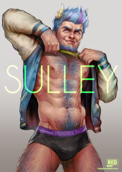 Rule 34 | 1boy, abs, bara, bare pectorals, beard, black male underwear, blue hair, bulge, cowboy shot, demon boy, demon horns, facial hair, full beard, gluteal fold, gradient hair, hairy, horns, jacket, james p. sullivan, letterman jacket, lifting own clothes, lips, looking at viewer, male focus, male underwear, mature male, monster boy, monsters inc., multicolored hair, muscular, muscular male, navel, navel hair, nipples, no pants, pectorals, personification, redgart, seductive smile, short hair, smile, solo, standing, stomach, thick arm hair, thick beard, thick chest hair, thick eyebrows, thick leg hair, thick navel hair, two-tone body hair, underwear, very hairy