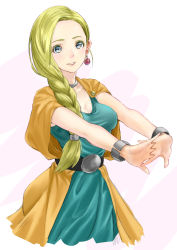 Rule 34 | 1girl, bianca (dq5), blonde hair, blush, bracelet, braid, breasts, cape, cleavage, crimson (cxrss377), dragon quest, dragon quest v, dress, earrings, green dress, grey eyes, hair over shoulder, highres, jewelry, large breasts, long hair, simple background, single braid, smile, solo, square enix, stretching