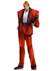 Rule 34 | 1boy, blonde hair, facial hair, gloves, male focus, mori toshiaki, mustache, official art, one-eyed, rugal bernstein, snk, solo, standing, the king of fighters