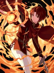 Rule 34 | 1boy, azelle (fire emblem), cape, closed mouth, fire, fire emblem, fire emblem: genealogy of the holy war, holding, holding sword, holding weapon, kiyuu, long sleeves, looking at viewer, male focus, nintendo, pants, pyrokinesis, red cape, red eyes, red hair, short hair, solo, sword, weapon, white pants