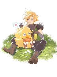Rule 34 | 1boy, armor, baggy pants, blonde hair, blue eyes, brown footwear, chocobo, closed mouth, cloud strife, final fantasy, final fantasy vii, food, full body, grass, heart, highres, holding, holding food, holding vegetable, keiseki1, looking at another, pants, short hair, shoulder armor, single bare shoulder, sitting, sleeveless, sleeveless turtleneck, sparkle, spiked hair, spoken heart, sweatdrop, sweater, trembling, turtleneck, turtleneck sweater, vegetable, white background