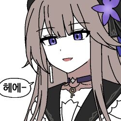 Rule 34 | 1girl, black hat, black sailor collar, choker, doll joints, earrings, flower, hat, hat flower, herta (honkai: star rail), honkai: star rail, honkai (series), jewelry, joints, korean text, lix (iroiro3843), lowres, open mouth, purple choker, purple flower, sailor collar, simple background, smile, solo, white background