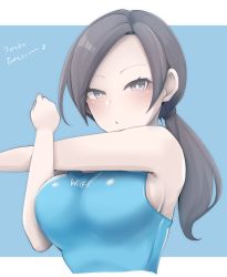 Rule 34 | 1girl, bare shoulders, black hair, blue background, blush, breasts, chiji komari, colored skin, cropped torso, forehead, grey eyes, highres, large breasts, long hair, looking at viewer, nintendo, open mouth, pale skin, parted bangs, ponytail, sideboob, simple background, sleeveless, solo, stretching, super smash bros., tank top, translated, upper body, white skin, wii fit, wii fit trainer, wii fit trainer (female)