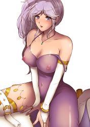 Rule 34 | 1girl, bare shoulders, between legs, boots, bracelet, breasts, cleavage, collarbone, covered erect nipples, covered navel, dress, earrings, elbow gloves, fingerless gloves, fire emblem, fire emblem: genealogy of the holy war, gloves, hand between legs, high heel boots, high heels, highres, ishtar (fire emblem), jewelry, jtaka, large breasts, light purple hair, lips, long hair, looking at viewer, navel, necklace, nintendo, nipples, ponytail, purple dress, purple eyes, see-through, simple background, sitting, solo, strap slip, thigh boots, thigh strap, thighhighs, wariza, white background, white gloves, white thighhighs