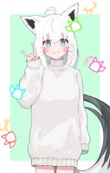 Rule 34 | 1girl, ahoge, animal ears, blue eyes, blush, commentary request, cowboy shot, drawn whiskers, fox ears, fox girl, fox shadow puppet, fox tail, hair between eyes, hand up, highres, hololive, long sleeves, looking at viewer, shirakami fubuki, simple background, sleeves past wrists, solo, standing, sweater, tail, turtleneck, turtleneck sweater, virtual youtuber, white hair, white sweater, yoru hoshi koi