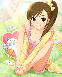Rule 34 | 10s, 1girl, artist request, barefoot, breasts, brown eyes, brown hair, card, cleavage, collarbone, feet, feet together, futami mami, grin, hands on feet, idolmaster, idolmaster (classic), idolmaster cinderella girls, jpeg artifacts, official art, polka dot, side ponytail, sitting, small breasts, smile, star (symbol), toes