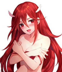 Rule 34 | 1girl, bare shoulders, bikini, blush, breast conscious, breast hold, breasts, cleavage, collarbone, cordelia (fire emblem), crossed arms, fire emblem, fire emblem awakening, hair between eyes, hair ornament, head tilt, head wings, jurge, long hair, navel, nintendo, open mouth, red bikini, red eyes, red hair, simple background, small breasts, solo, strap slip, swimsuit, upper body, very long hair, white background, white wings, wing hair ornament, wings
