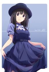 Rule 34 | 1girl, alternate costume, black hair, blue background, blue dress, blue hat, casual, closed mouth, clothes lift, dated, dress, dress lift, gradient background, hat, highres, inoue takina, lifted by self, long hair, looking at viewer, lycoris recoil, nii manabu, puffy short sleeves, puffy sleeves, purple eyes, short sleeves, signature, solo