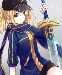 Rule 34 | 1girl, ahoge, alternate hairstyle, artoria pendragon (all), artoria pendragon (fate), baseball cap, black scarf, black shorts, blonde hair, blue eyes, dated, fate (series), hair between eyes, hand up, hat, holding, holding sword, holding weapon, mysterious heroine x (fate), rojiura satsuki: chapter heroine sanctuary, saber (fate), scarf, shorts, sidelocks, sleeves past elbows, solo, sword, twintails, weapon, yimu