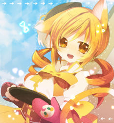 Rule 34 | 10s, 1girl, animal ears, bad id, bad pixiv id, beret, blonde hair, cat ears, charlotte (madoka magica), drill hair, hair ornament, hat, looking at viewer, mahou shoujo madoka magica, mahou shoujo madoka magica (anime), nochita shin, open mouth, oven mitts, plate, ribbon, smile, solo, tomoe mami, twin drills, twintails, yellow eyes