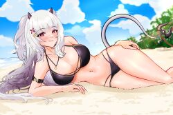 Rule 34 | 1girl, absurdres, arm belt, beach, bikini, black bikini, blue sky, blush, closed mouth, cloud, cloudy sky, cross, cross necklace, day, demon girl, demon horns, demon tail, hairpin, highres, horns, indie virtual youtuber, jewelry, long hair, lucy pyre, lying, meisaki, multiple hairpins, navel, necklace, on side, outdoors, red eyes, sand, sky, smile, solo, swimsuit, tail, tree, virtual youtuber