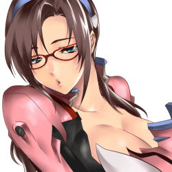 Rule 34 | 00s, 1girl, blue eyes, bodysuit, breasts, brown hair, cleavage, evangelion: 2.0 you can (not) advance, glasses, hairband, highres, large breasts, lips, makinami mari illustrious, neon genesis evangelion, plugsuit, rebuild of evangelion, solo, tamachi kuwa, twintails