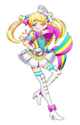 Rule 34 | 10s, 1girl, armband, blonde hair, blue eyes, blue thighhighs, boots, bow, gloves, grin, hair ornament, hat, high heel boots, high heels, kiratto pri chan, knee boots, looking at viewer, moegi emo, official art, one eye closed, pretty series, purple bow, skirt, sleeveless, smile, star (symbol), star hair ornament, thighhighs, twintails, white background, white gloves, white skirt, zettai ryouiki