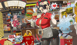 Rule 34 | absurdres, black pantyhose, black thighhighs, bread bun, breasts, burger, cheese, cup, dinomorphia kentregina, dinomorphia rexterm, dinomorphia therizia, dinosaur, disposable cup, drink, drinking straw, duel monster, fast food, food, food focus, french fries, hamburger recipe, hamburger steak, highres, holding, holding food, hungry burger, japanese flag, ketchup, large breasts, lettuce, meat, pantyhose, plate, reptile girl, thighhighs, thighs, tomato, tray, yu-gi-oh!, yutou yutou yu