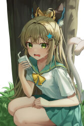 Rule 34 | 1girl, absurdres, alternate costume, blonde hair, blunt bangs, bow, bowtie, box, commentary, crossed bangs, drinking straw, fangs, genshin impact, grass, green eyes, green sailor collar, green skirt, hair intakes, hair ornament, hairclip, highres, holding, holding box, juice box, kirara (genshin impact), long hair, looking at viewer, maeng-i (meng-e), multiple tails, open mouth, parted bangs, pleated skirt, sailor collar, shirt, short sleeves, simple background, skirt, solo, squatting, star (symbol), star hair ornament, surprised, sweat, tail, tree, two tails, wavy mouth, white background, white shirt, yellow bow, yellow bowtie