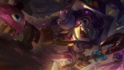 Rule 34 | 1girl, :d, apron, bag, bittersweet lulu, candy, candy cane, cane, cupcake, dress, fang, food, hat, heterochromia, highres, holding, holding cane, hozure, league of legends, long hair, lulu (league of legends), nail polish, open mouth, pink eyes, pix (league of legends), puffy short sleeves, puffy sleeves, purple hair, short sleeves, smile, teeth, tongue, witch hat, yellow eyes, yordle
