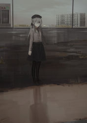 Rule 34 | 1girl, absurdres, arms at sides, black eyes, black footwear, black pantyhose, black ribbon, black skirt, building, chihuri, closed mouth, cloud, cloudy sky, day, dress shirt, eva (chihuri), eve (chihuri), expressionless, eyepatch, full body, grey hair, grey shirt, hair between eyes, hair ribbon, highres, loafers, long hair, long sleeves, looking at viewer, neck ribbon, original, outdoors, overcast, pantyhose, puddle, reflection, ribbon, road, shirt, shirt tucked in, shoes, skirt, sky, solo, standing, street, very long hair, wing collar