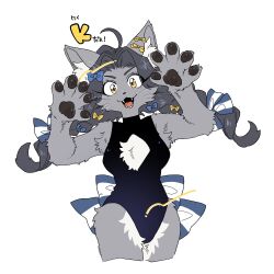 Rule 34 | 1girl, ahoge, animal ear fluff, animal ears, animal hands, arms up, black hair, black one-piece swimsuit, blue bow, body fur, bow, braid, cat ears, cat girl, center opening, commentary request, cowboy shot, fangs, furry, furry female, grey fur, hair bow, hands up, highres, long hair, looking at viewer, multiple hair bows, one-piece swimsuit, open mouth, original, rata (norahasu), simple background, swimsuit, tail, tail bow, tail ornament, translation request, twin braids, whiskers, white background, yellow eyes
