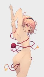 Rule 34 | 1girl, arms up, ass, back, bad id, bad pixiv id, breasts, comic, from behind, hairband, highres, hikiniku, komeiji satori, looking at viewer, looking back, narrow waist, nude, pink hair, short hair, simple background, small breasts, solo, third eye, touhou