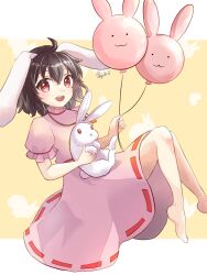 Rule 34 | 1girl, :d, ahoge, animal ears, balloon, barefoot, black hair, dress, flat chest, floppy ears, foot out of frame, frills, holding, holding animal, holding balloon, holding rabbit, inaba tewi, looking at viewer, open mouth, orange background, petite, pink dress, puffy short sleeves, puffy sleeves, rabbit, rabbit balloon, rabbit ears, red eyes, short hair, short sleeves, simple background, smile, solo, teeth, touhou, upper teeth only, user rtxp2877, white background