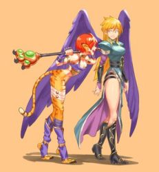 Rule 34 | 2girls, @richs art, angel wings, animal ears, black wings, blonde hair, boots, breath of fire, breath of fire ii, bridal gauntlets, capcom, cat ears, cat girl, cat tail, dress, feathered wings, fingerless gloves, gloves, knee boots, long legs, lowres, multiple girls, nina (breath of fire ii), purple wings, rinpoo chuan, short hair, side slit, tail, thighs, wings
