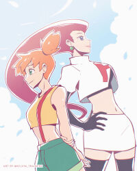 2girls blue_eyes closed_mouth creatures_(company) earrings elbow_gloves game_freak gloves green_eyes highres jessie_(pokemon) jewelry kelvin-trainerk long_hair misty_(pokemon) multiple_girls navel nintendo orange_hair pink_hair pokemon pokemon_(anime) pokemon_(classic_anime) rachael_lillis smile standing team_rocket team_rocket_uniform very_long_hair voice_actor_connection wide_hips