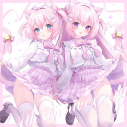 Rule 34 | 2girls, animal ears, bell, blue eyes, cat ears, cat girl, cat tail, highres, lifted by self, momochi chia, multiple girls, original, paw hair ornament, paw print hat ornament, pink hair, purple eyes, siblings, skirt, tail, tail bell, tail ornament, thighhighs, twins, uniform, white thighhighs