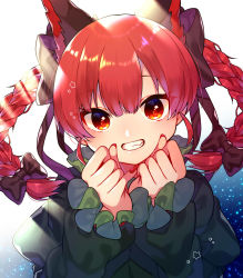 Rule 34 | 1girl, animal ears, black bow, bow, cat ears, cat girl, commentary, dress, fang, frilled sleeves, frills, green dress, grin, hair bow, hands on own face, highres, juliet sleeves, kaenbyou rin, light rays, long hair, long sleeves, looking at viewer, lower teeth only, nail polish, puffy sleeves, red eyes, red hair, red nails, renka (sutegoma25), smile, solo, star (symbol), teeth, touhou, twintails, upper body, upper teeth only
