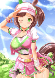 Rule 34 | 1girl, ;q, animal ears, arm up, bad id, bad pixiv id, black shorts, blue sky, blush, breasts, cleavage, closed mouth, cloud, commentary request, crop top, day, frilled skirt, frills, green eyes, hat, highres, horse ears, horse girl, horse tail, ines fujin (umamusume), jacket, large breasts, midriff, navel, one eye closed, open clothes, open jacket, outdoors, pink jacket, pink skirt, pleated skirt, ponytail, puffy short sleeves, puffy sleeves, salute, short shorts, short sleeves, shorts, shorts under skirt, skirt, sky, smile, solo, star (symbol), tail, tongue, tongue out, umamusume, visor cap, white hat, xenon (for achieve)