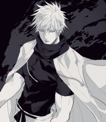 Rule 34 | 1boy, belt, blue eyes, closed mouth, commentary request, gojou satoru, greyscale, highres, jujutsu kaisen, kira (kirariky), looking away, male focus, monochrome, open clothes, open robe, pants, robe, scarf, shirt, short hair, short sleeves, solo, spot color