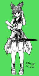 Rule 34 | 1girl, artist name, barefoot, blush, bracelet, closed mouth, earmuffs, full body, gotou eight, green background, hair between eyes, highres, jewelry, monochrome, one-hour drawing challenge, pleated skirt, pointy hair, ritual baton, sheath, sheathed, shirt, short hair, simple background, skirt, sleeveless, sleeveless shirt, smile, solo, sword, touhou, toyosatomimi no miko, twitter username, weapon