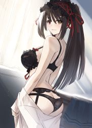 Rule 34 | 1girl, absurdres, ass, black bra, black hair, black panties, bra, breasts, butt crack, clock eyes, commentary, date a live, garter belt, hairband, heterochromia, highres, large breasts, lingerie, lolita hairband, long hair, looking at viewer, looking back, naughty face, nstch root a, panties, parted lips, red eyes, seductive smile, smile, solo, symbol-shaped pupils, tokisaki kurumi, twintails, underwear, undressing, uneven twintails, yellow eyes