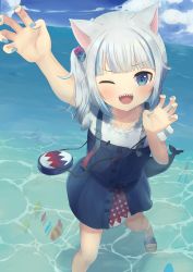 Rule 34 | 1girl, animal ears, arm up, bag, blue dress, blue eyes, blue hair, blue nails, blue sky, blunt bangs, blush, cat ears, cat girl, cloud, cloudy sky, clownfish, commentary, dress, fins, fish, fish tail, flat chest, foot out of frame, frilled shirt, frilled sleeves, frills, gawr gura, gawr gura (casual), grey hair, hair ornament, hand up, highres, hololive, hololive english, looking at viewer, multicolored hair, nail polish, ocean, official alternate costume, one eye closed, outdoors, paw pose, robotzombieneco, sandals, shadow, shark girl, shark print, shark tail, sharp teeth, shiny skin, shirt, short dress, short sleeves, shoulder bag, sidelocks, sky, solo, standing, streaked hair, tail, teeth, thighs, toeless footwear, toenail polish, toenails, toes, tropical fish, virtual youtuber, wading, white hair
