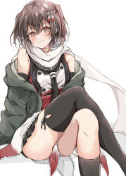 Rule 34 | 1girl, absurdres, black neckerchief, black skirt, brown eyes, brown hair, buttons, crossed legs, dairyo3, double-breasted, feet out of frame, grey jacket, hair ornament, highres, jacket, kantai collection, kneehighs, neckerchief, open clothes, open jacket, pleated skirt, sailor collar, scarf, school uniform, sendai (kancolle), sendai kai ni (kancolle), serafuku, simple background, single kneehigh, single sock, single thighhigh, skirt, smile, socks, solo, thighhighs, two side up, white background, white sailor collar, white scarf