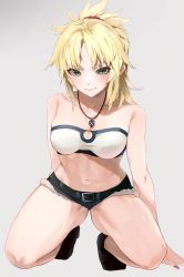 Rule 34 | 1girl, absurdres, bare shoulders, belt, belt buckle, black belt, blonde hair, breasts, buckle, cleavage, collarbone, fate/apocrypha, fate (series), green eyes, highres, jewelry, kataku musou, kneeling, long hair, looking at viewer, midriff, mordred (fate), mordred (fate/apocrypha), navel, necklace, necktie, red scrunchie, scrunchie, shorts, solo, squatting, strapless, thighs, tube top